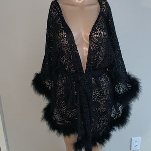 Black Lace Robe with Faux Marabou Feathers